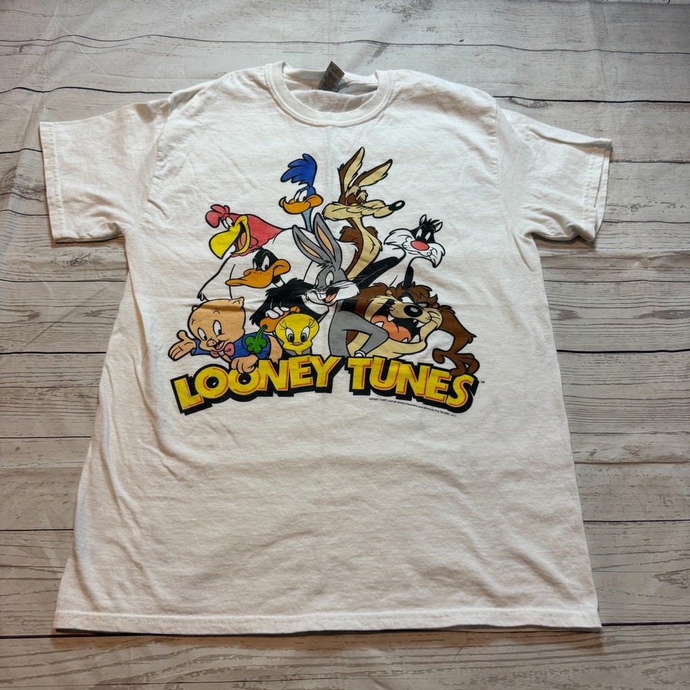 Looney Tunes Graphic‎ Print Shirt by Gilden Heavy Cotton White Men's Size Medium